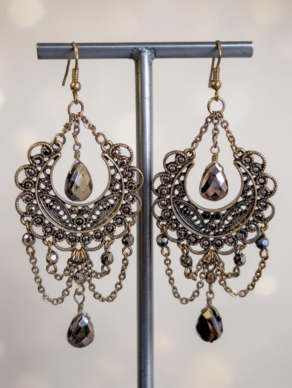 Boho Gypsy Filigree Chandelier Earrings Smoky Teardrop Beads Antique Gold